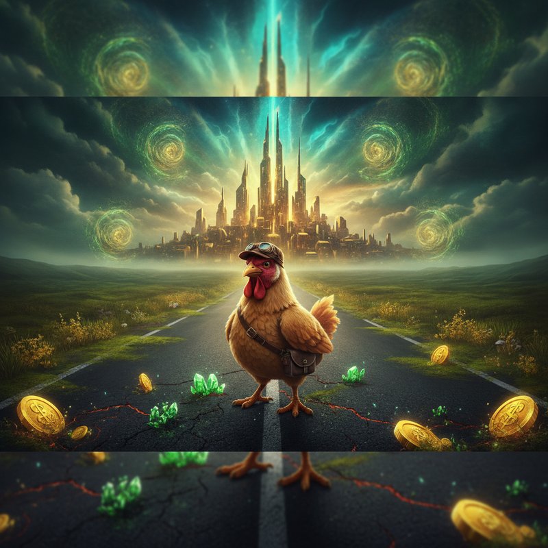 Chicken Road 2 de InOut: la gallina con gorro de aviador en mitad de la carretera agrietada, monedas doradas y cristales verdes sobre el asfalto